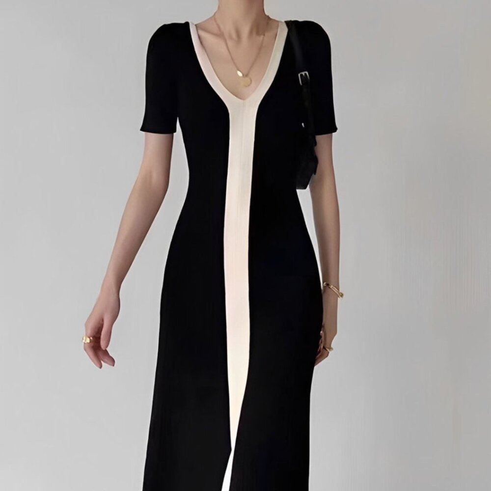 Commense Two Tone V-Neck Knit Slit Midi Dress - Picture 1 of 2